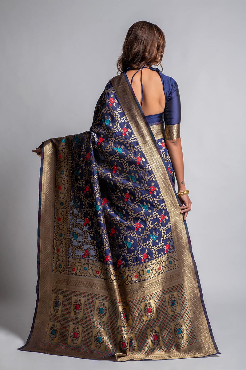 Lilots Women's Designer Banarasi Silk Jacquard Saree With Blouse Piece (Navy Blue) - Image 3