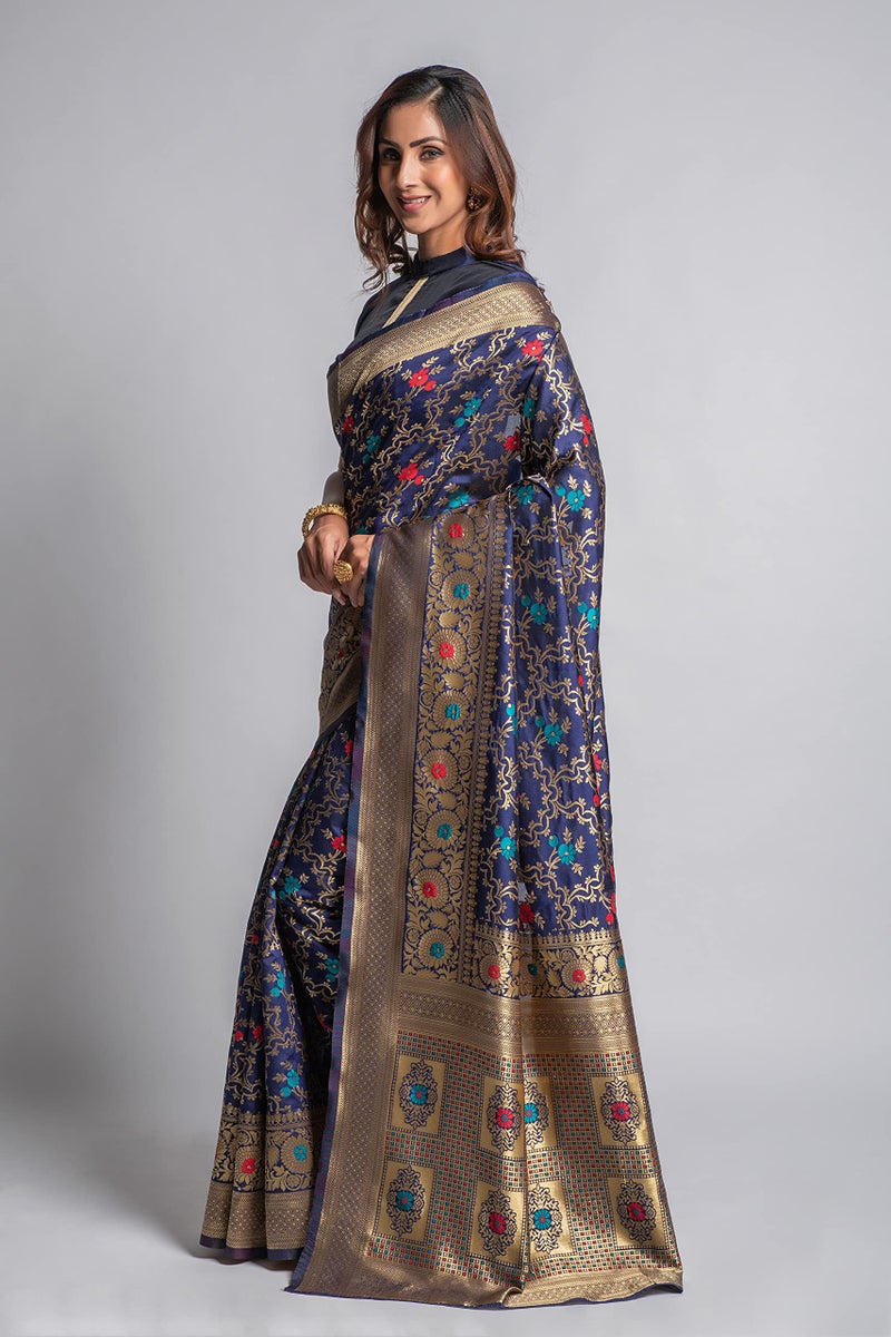 Lilots Women's Designer Banarasi Silk Jacquard Saree With Blouse Piece (Navy Blue) - Image 4