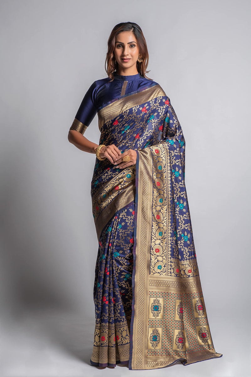 Lilots Women's Designer Banarasi Silk Jacquard Saree With Blouse Piece (Navy Blue) - Image 2
