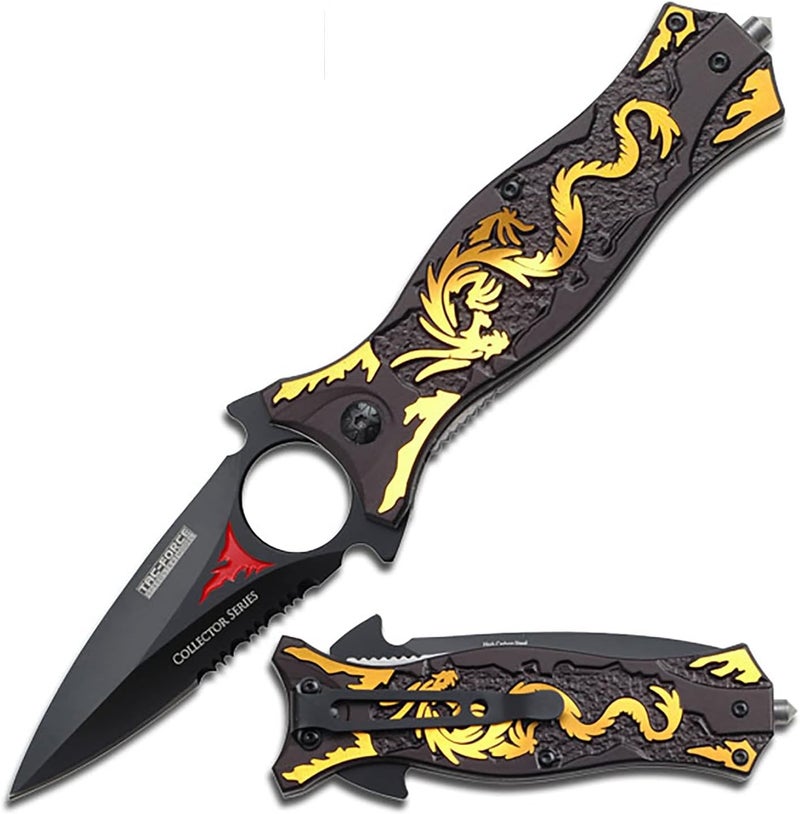 Tac-Force TAC Force TF-707 Series Assisted Opening Folding Knife, Black Half-Serrated Blade, Dragon Handle, 4-1/2-Inch Closed - Image 1