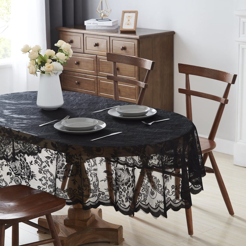 LinenZone Beautiful Oval Lace Tablecloth with Elegant Scalloped Bottom for Any Special Event Such as Wedding Birthday Party Baby Shower Anniversary Sits 6 to 8 People Luna TC 84 Oval Black