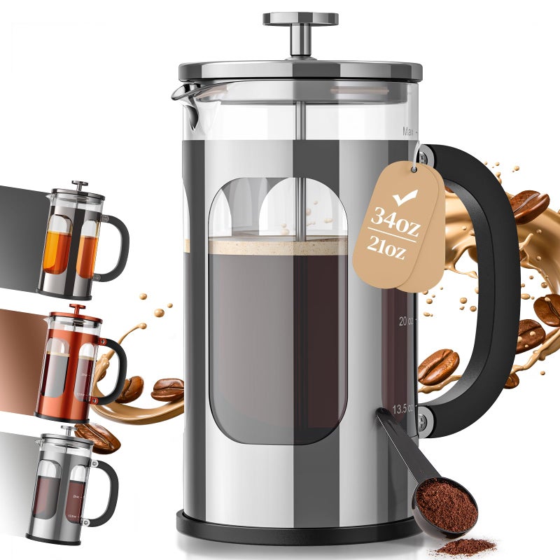 Veken French Press Coffee Maker 34oz 1 L, No Plastic Touching Cafe, Heat Resistant Thickened Borosilicate Glass, Stainless Steel Brewer, Cold Brew Cafetera Teapot for Kitchen Travel Camping, Silver - Image 1