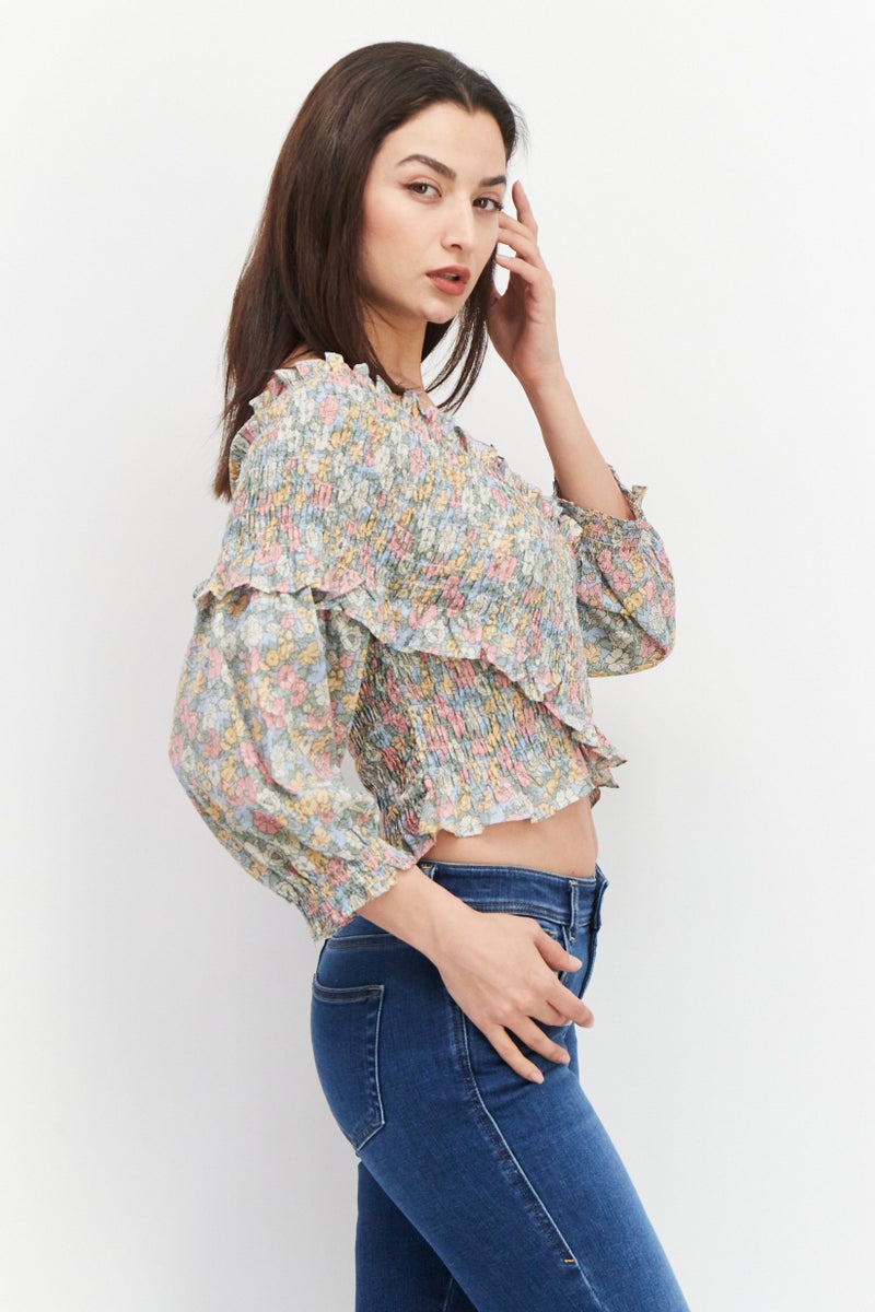 En Saison Women Surplice Neck Long Sleeves Floral Printed Top, Multicolor - Image 2