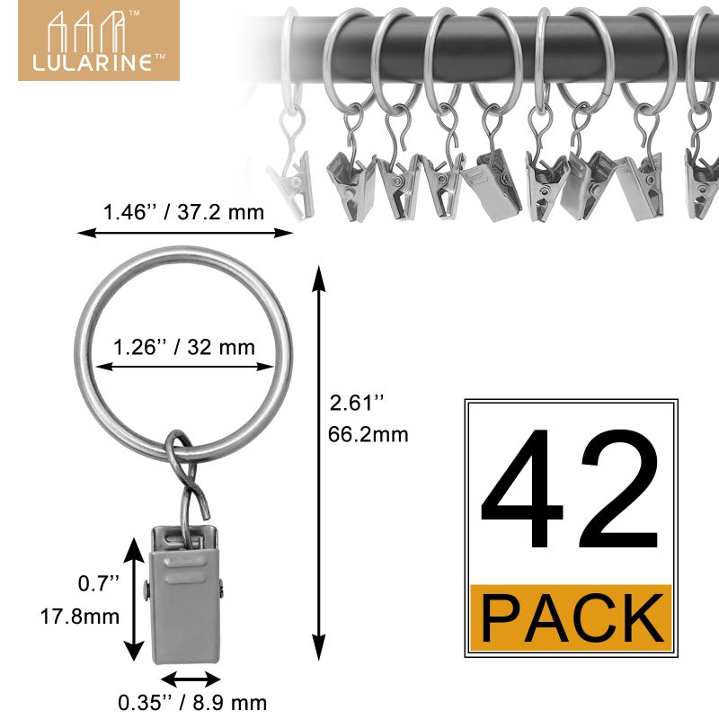 LULARINE 42 Pack Curtain Rings with Clips 1.26" Interior Diameter,Metal Drapery Ring with Clips Compatible with up to 1 inch Drapery Rod,Strong Vintage Decorative Rustproof Drapery Ring with Hooks-Matte Silver - Image 2