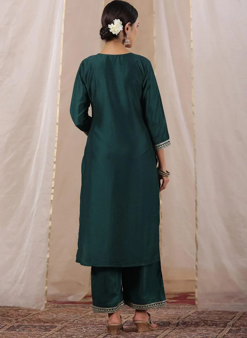 ISHIN  Regular Fit Three-Quarter Sleeve Printed Turqoise Silk Woven Kurta Set For Women Flat Collar Perfect For Wedding And Engagement Pull On Closure for Women | Best Price UAE