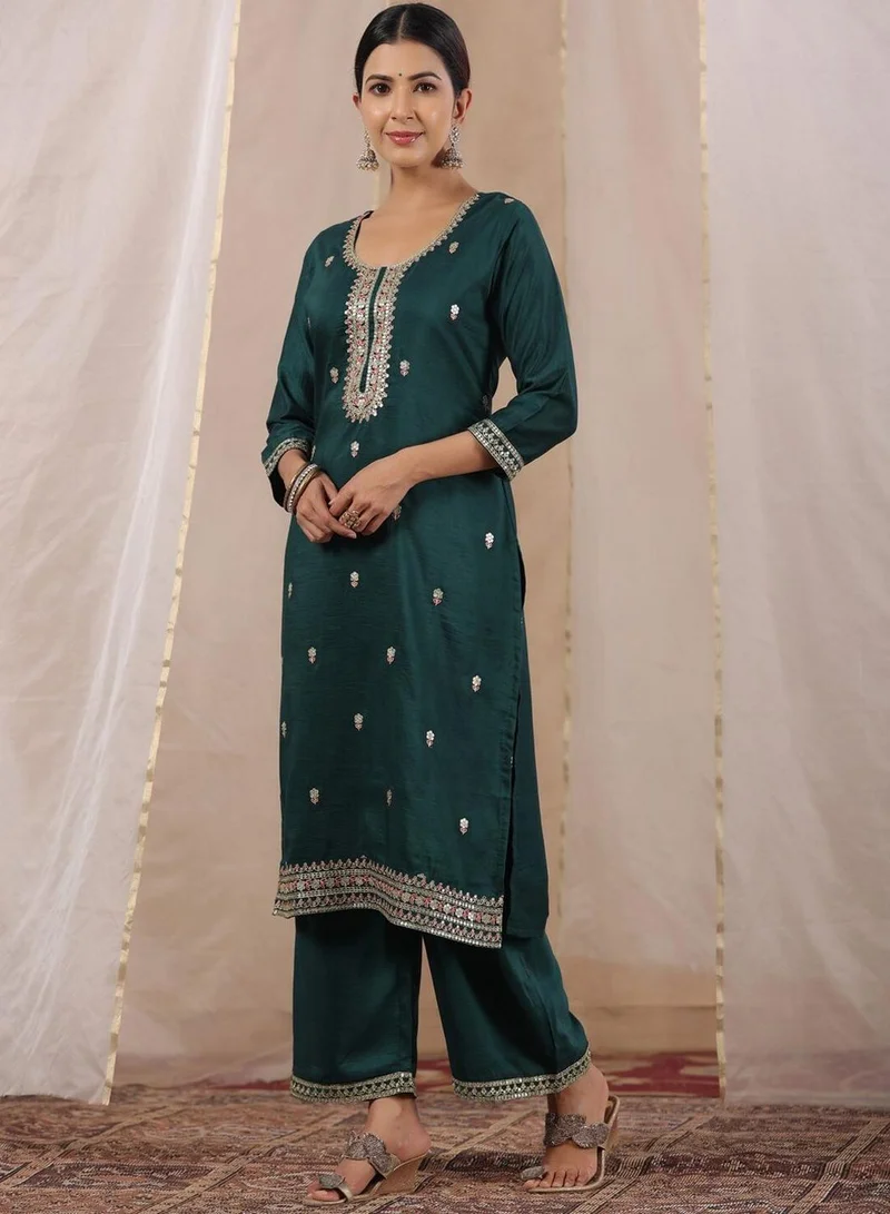 ISHIN  Regular Fit Three-Quarter Sleeve Printed Turqoise Silk Woven Kurta Set For Women Flat Collar Perfect For Wedding And Engagement Pull On Closure for Women | Best Price UAE