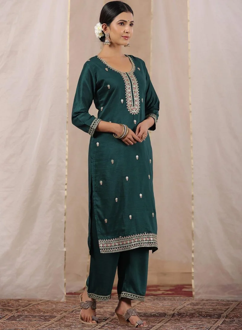 ISHIN  Regular Fit Three-Quarter Sleeve Printed Turqoise Silk Woven Kurta Set For Women Flat Collar Perfect For Wedding And Engagement Pull On Closure for Women | Best Price UAE
