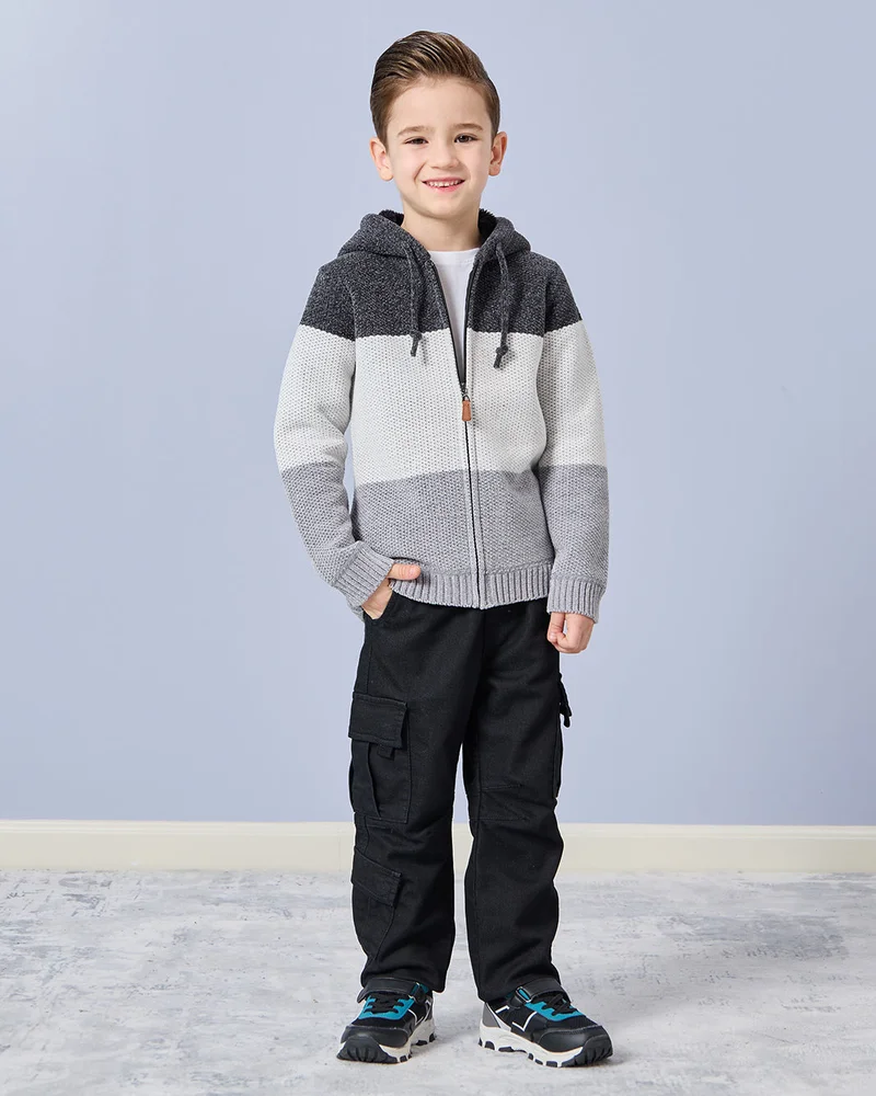 REDTAG Boys Charcoal Fur Lined Zip Thru Hooded Cardigan