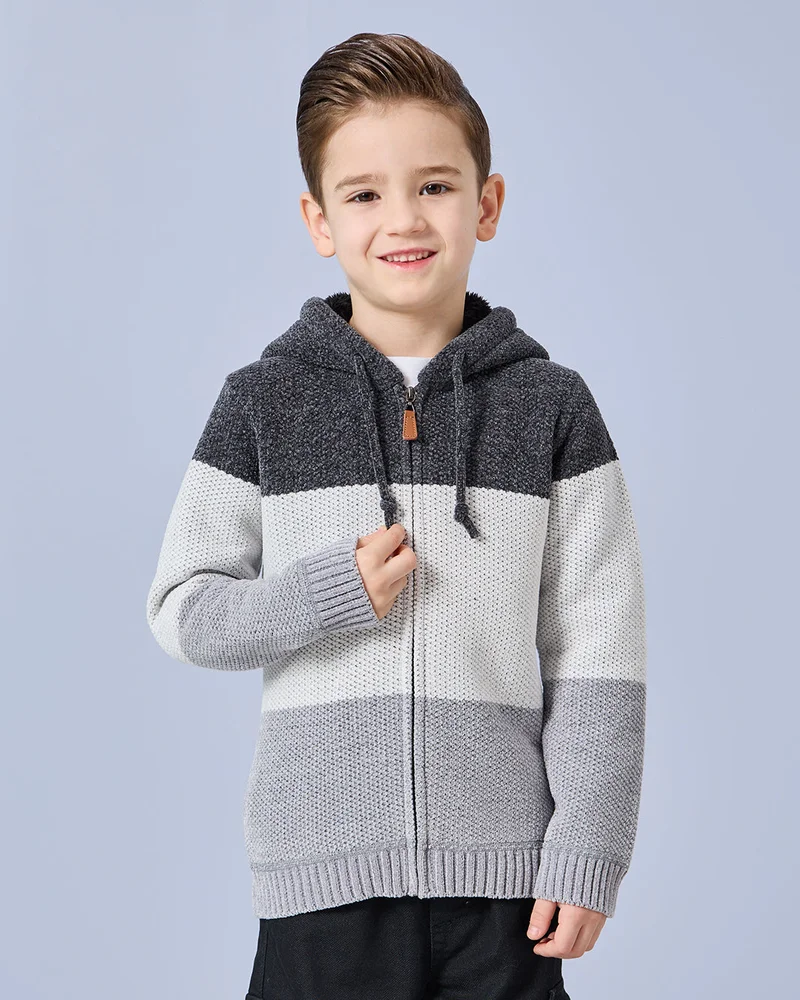 REDTAG Boys Charcoal Fur Lined Zip Thru Hooded Cardigan