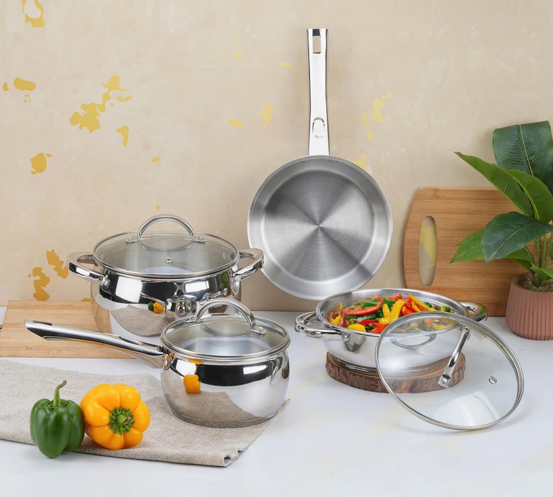 Vinod Letten Stainless Steel Cookware Set - 4 Pcs, Frypan 1.5 L, Kadai 2 L, Saucepan 2.2 L, Saucepot 4.2 Litre with Glass Lid, Even Heating SAS Bottom, Belly Shape, Induction Base, Gift Combo Pack - Image 2