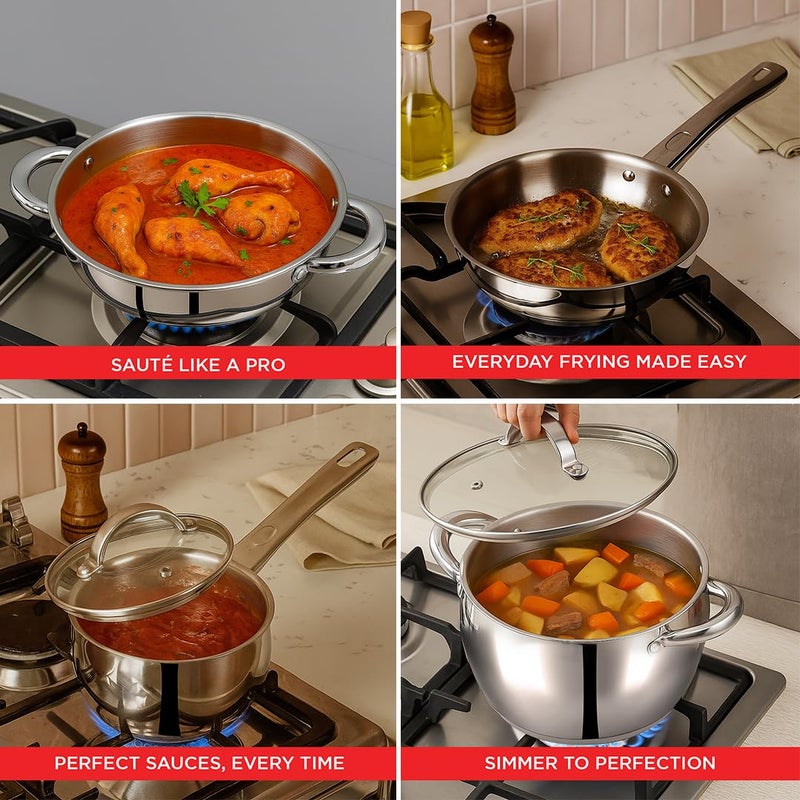 Vinod Letten Stainless Steel Cookware Set - 4 Pcs, Frypan 1.5 L, Kadai 2 L, Saucepan 2.2 L, Saucepot 4.2 Litre with Glass Lid, Even Heating SAS Bottom, Belly Shape, Induction Base, Gift Combo Pack - Image 3