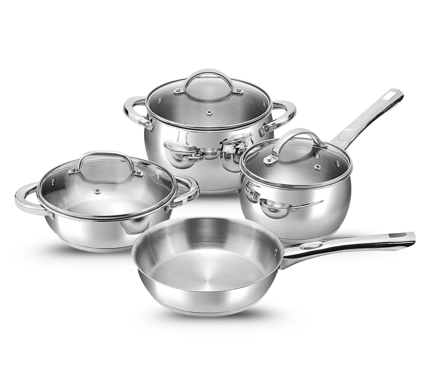 Vinod Letten Stainless Steel Tri-Ply Base 4-Piece Cookware Set, Tri-Ply SAS Thick Base for Even Cooking | Includes  1 x 2L Kadai, 1 x 2.2L Saucepan,1 x 4.2L Casserole with Common Glass Lid, 1 x 1.5L F