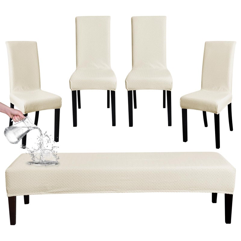FORCHEER Waterproof Beige Dining Chair Cover Set of 4 and Bench Cover Jacquard 54x18inch Bench Slipcover and 4 Piece Chair Cover Set Washable