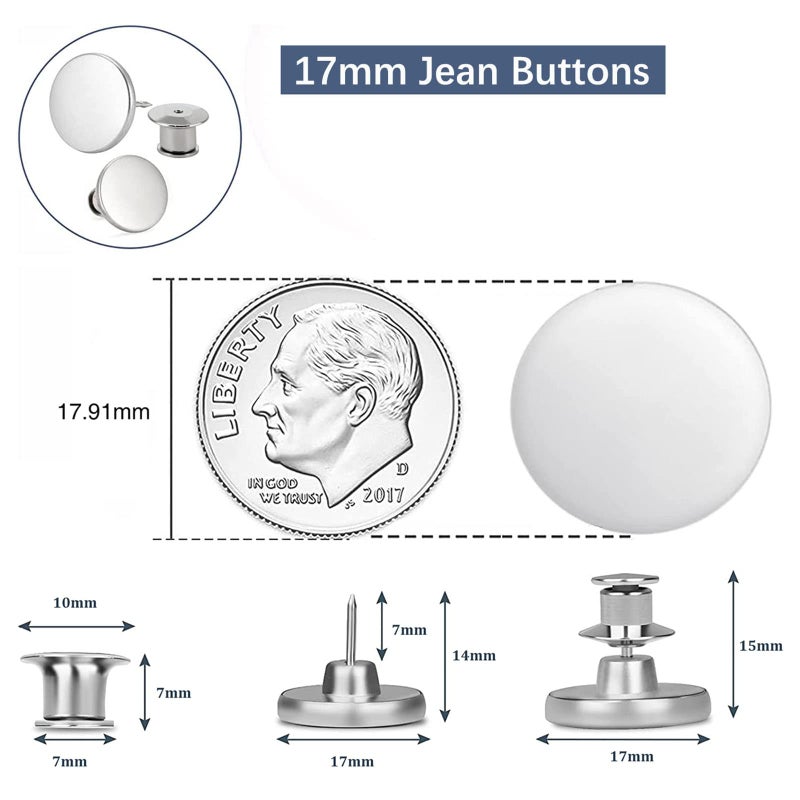 ZENGLU 8 Sets of 17 mm Pants Button, Jean Buttons Pins for Loose Jeans, Adjustable Button for Jeans, Reusable and Adjustable Metal Pants Button Tightener - Image 3