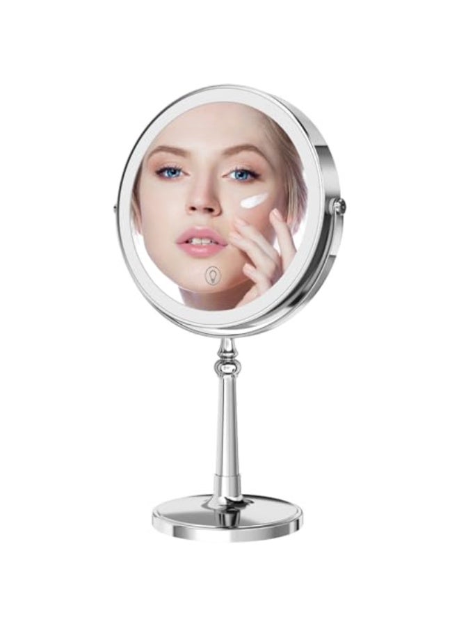 9" Large Make up Vanity Mirror with Lights Chrome Two Way Mirror 1x/10x Magnifying Mirror with Light and Stand 4000mAh Rechargeable Led Makeup Mirror for Desk Dresser Table  - Image 1