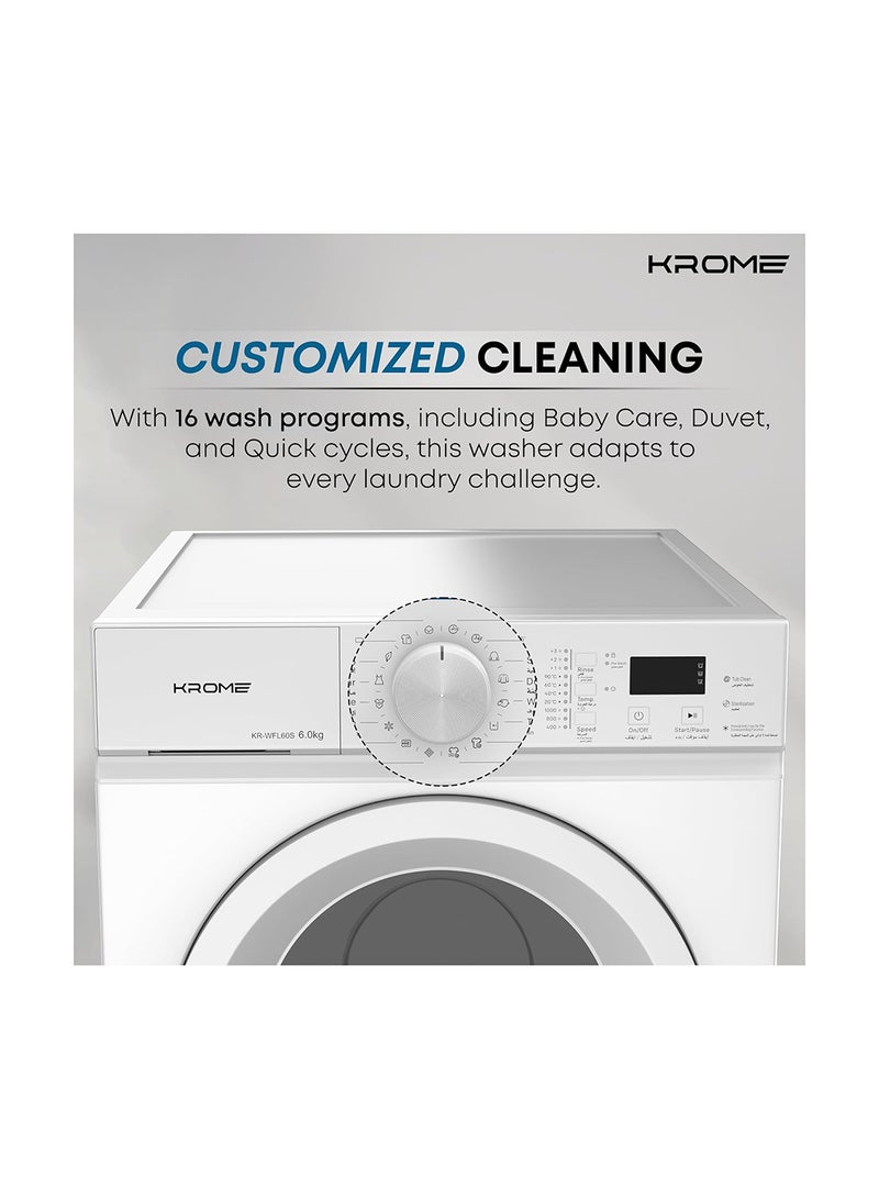 Krome 1000 RPM Front Load Washing Machine, LED Display With Universal Motor 6 kg KR-WFL60S White - Image 4