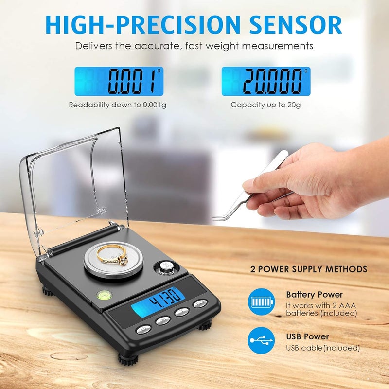 AMIR 20g/0.001g Digital Milligram Scale, Precision Electronic Scale with 6 Units, USB & Battery Powered, Tare, Calibration Weights, Tweezers, Pocket Microgram Scale for Powder Medicine, Jewelry - Image 2