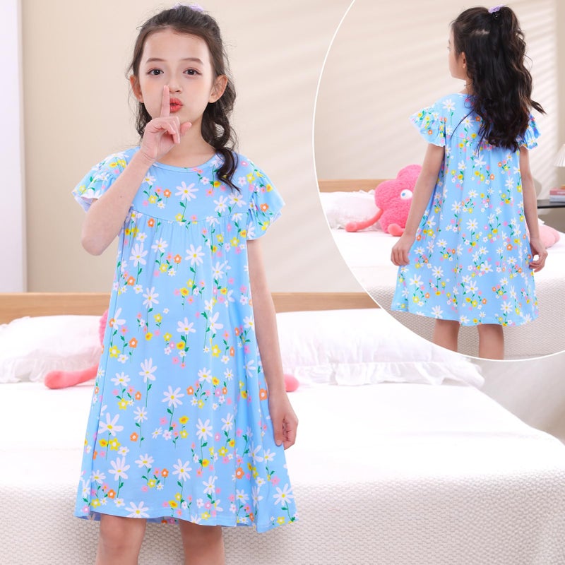 MHJY Girls Nightgowns Flutter Short Sleeves Princess Nightgown Sleepwear Soft Night Dress for Kids Toddler Girls,Blue - Image 2