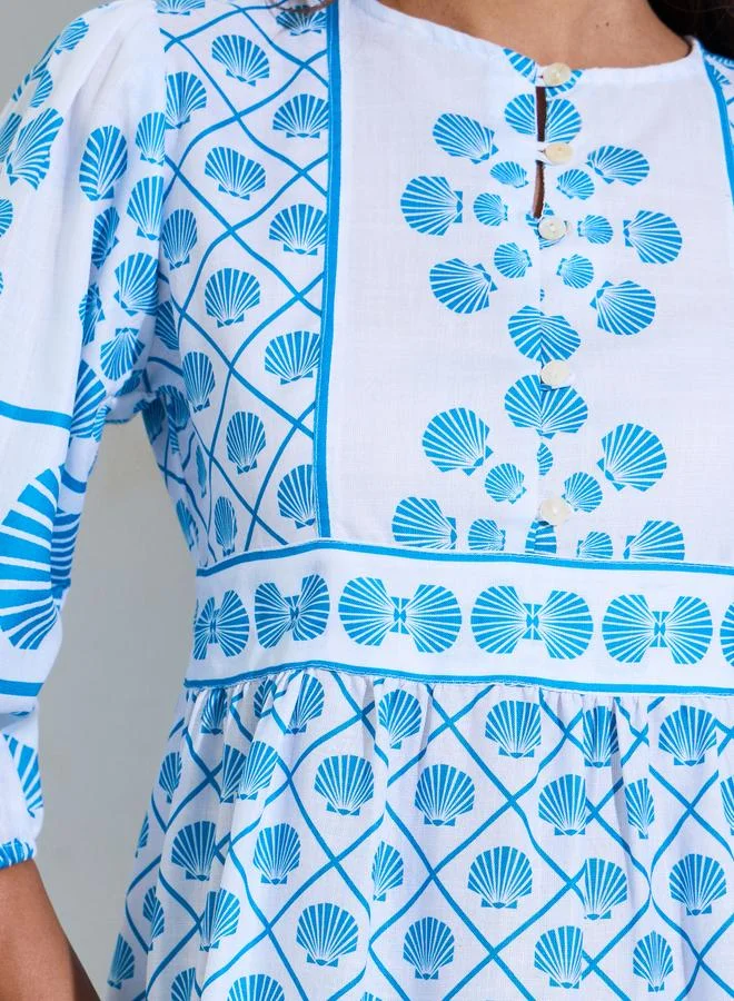 Styli  Blue All Over Print 3/4 Sleeves Tiered Midi Dress for Women | Best Price UAE
