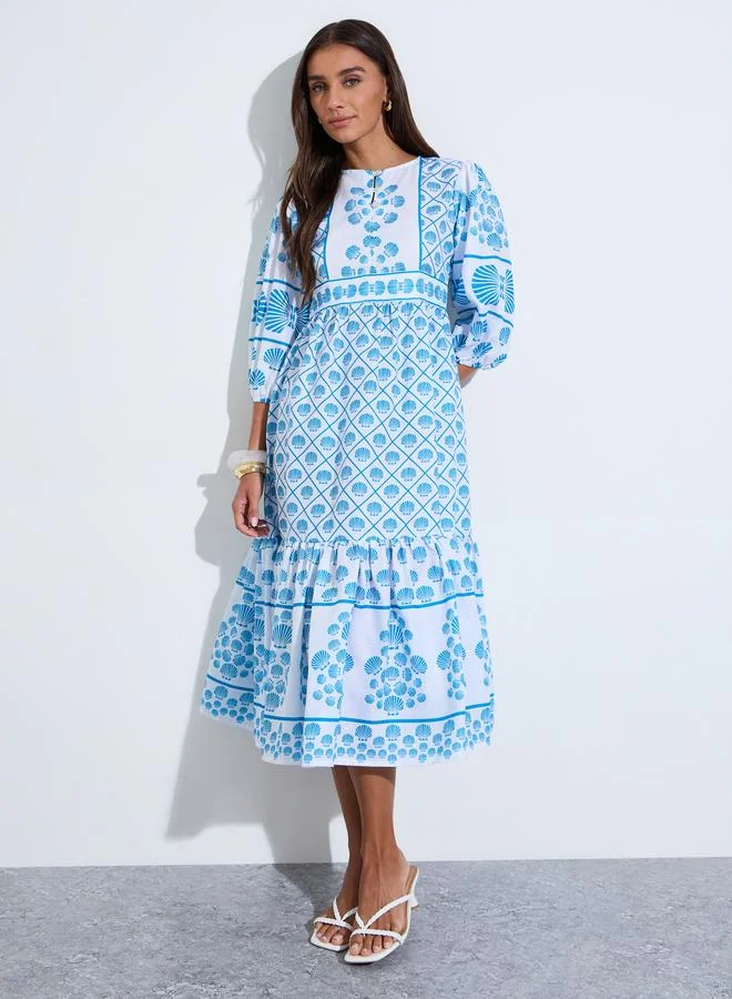 Blue All Over Print 3/4 Sleeves Tiered Midi Dress
