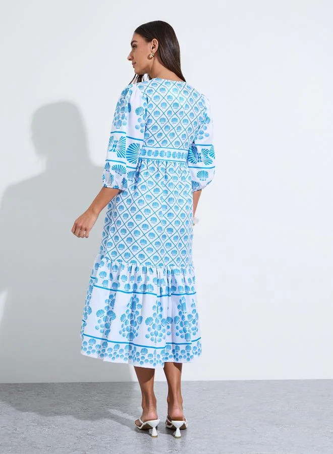 Styli  Blue All Over Print 3/4 Sleeves Tiered Midi Dress for Women | Best Price UAE