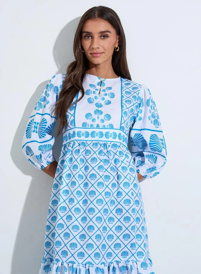 Styli  Blue All Over Print 3/4 Sleeves Tiered Midi Dress for Women | Best Price UAE