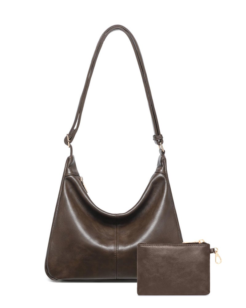 BAVERGE 2PCS Purses for Women, Soft Vegan Leather Hobo Bag Slouchy Crossbody Shoulder Handbag Fall Brown Tote 2025 - Image 1