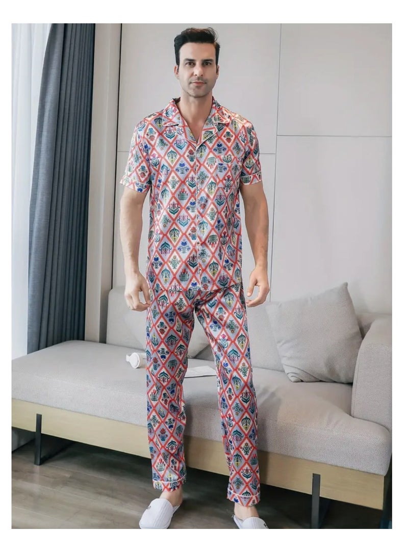 2 Pieces Mens Pajama Set Short Sleeve Sleepwear For Men  - Image 2