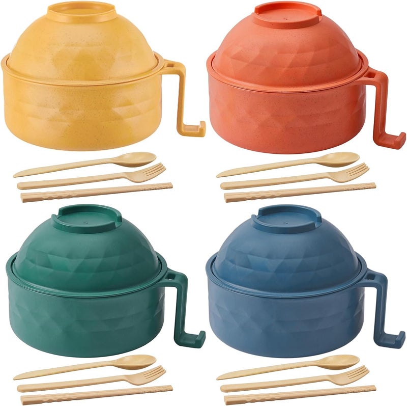 Romooa 4 Sets Microwave Ramen Cooker Set 33 oz Quick Ramen Bowl Set Microwave Noodle Cooker with Handle Noodle Bowl with Spoon Chopsticks Fork College Dorm RoomMulticolor - Image 1
