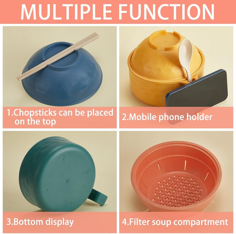 Romooa 4 Sets Microwave Ramen Cooker Set 33 oz Quick Ramen Bowl Set Microwave Noodle Cooker with Handle Noodle Bowl with Spoon Chopsticks Fork College Dorm RoomMulticolor - Image 2