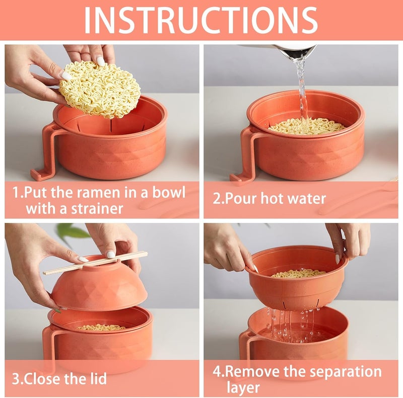 Romooa 4 Sets Microwave Ramen Cooker Set 33 oz Quick Ramen Bowl Set Microwave Noodle Cooker with Handle Noodle Bowl with Spoon Chopsticks Fork College Dorm RoomMulticolor - Image 4