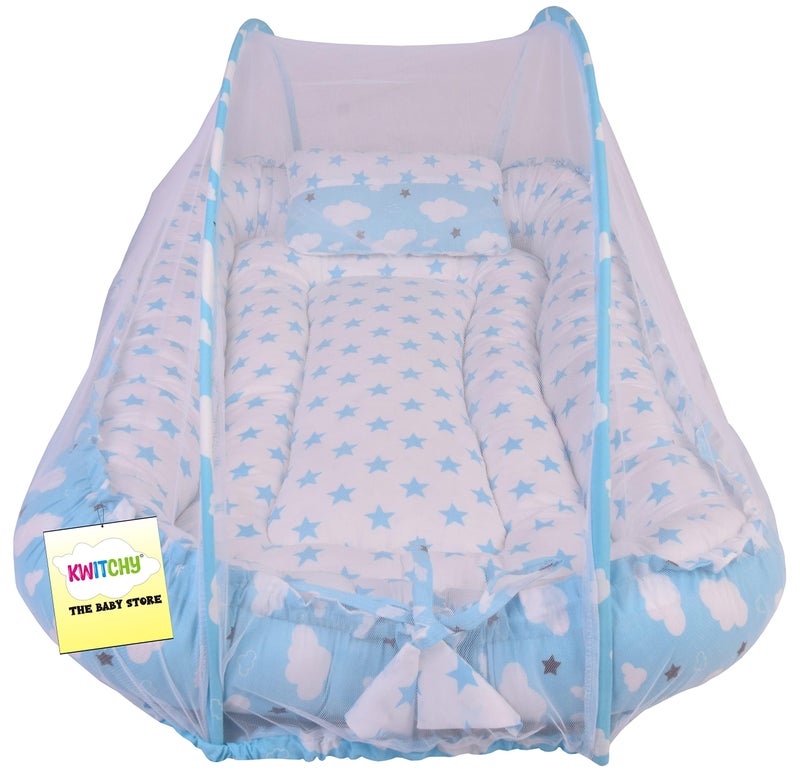 Kwitchy Baby Bedding Set New Born Baby Bed | Mattress | Luxury | Mosquito Net | Reversible | Cotton | Infant | Toddler | Boys & Girls (0-12 Months, Blue) - Image 1