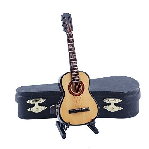 Dselvgvu Wooden Miniature Guitar with Stand and Case Mini Musical Instrument Guitar Replica Collectible Figurines Dollhouse Accessories Model Home Decoration Display Ornament (5.91"x2.17"x0.74") - Image 4