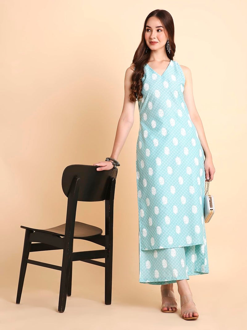 RATAN Women's Cotton Blend Printed A-Line Kurta with Palazzo Pant Set (DMGL-1445-S_Blue) - Image 4