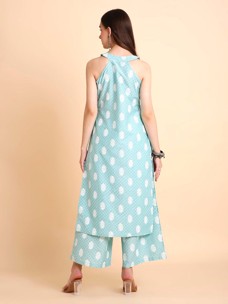 RATAN Women's Cotton Blend Printed A-Line Kurta with Palazzo Pant Set (DMGL-1445-S_Blue) - Image 2