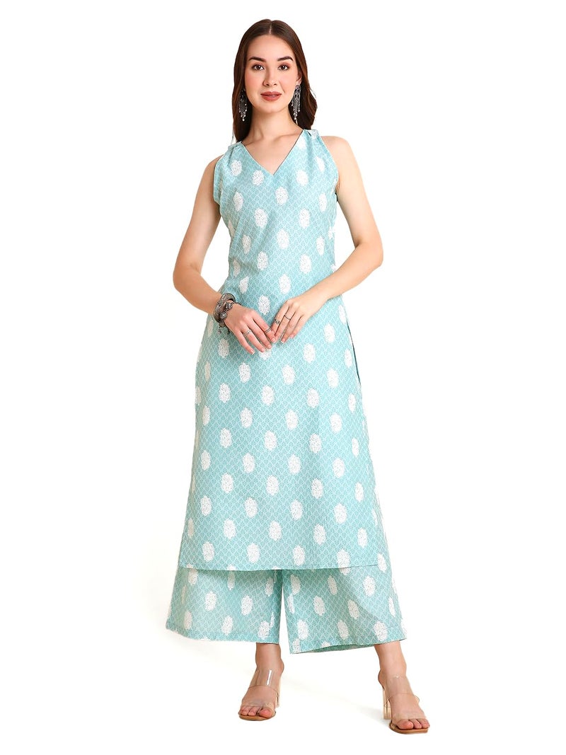 RATAN Women's Cotton Blend Printed A-Line Kurta with Palazzo Pant Set (DMGL-1445-S_Blue) - Image 1