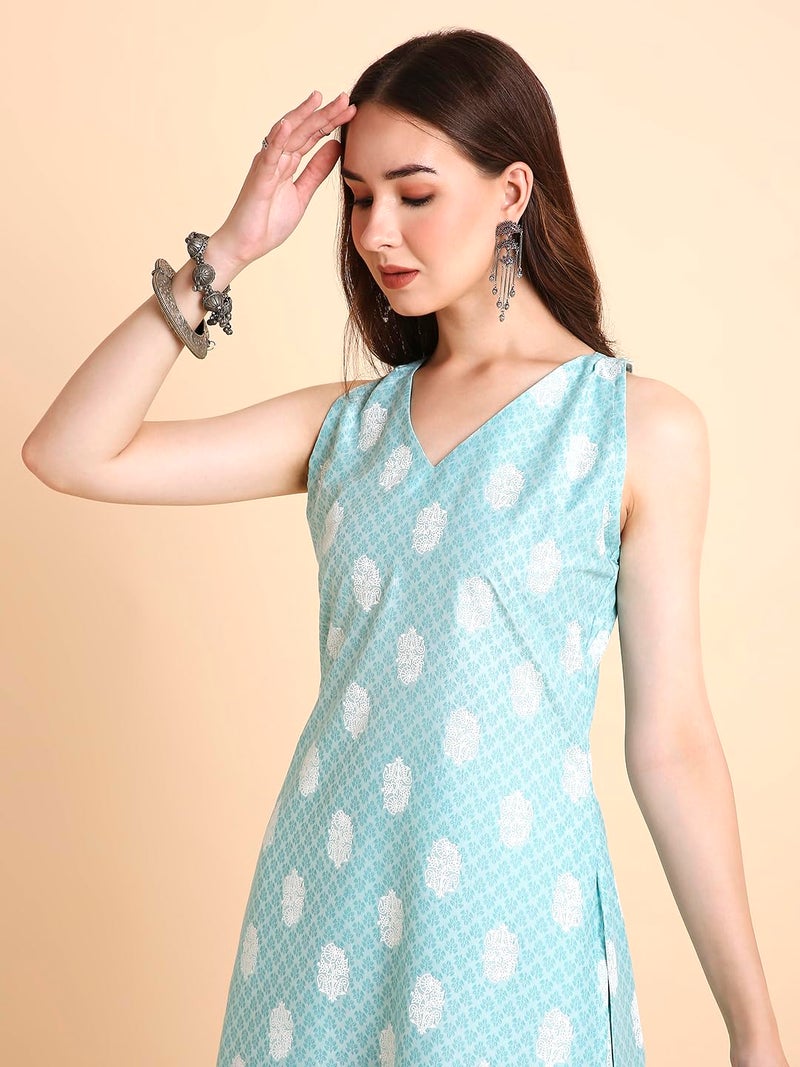 RATAN Women's Cotton Blend Printed A-Line Kurta with Palazzo Pant Set (DMGL-1445-S_Blue) - Image 3
