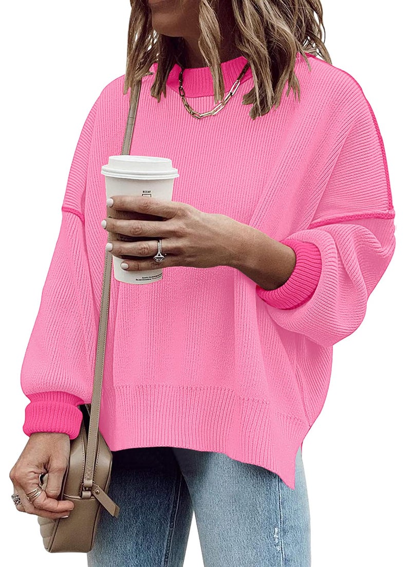 ETCYY Womens Oversized Sweaters Fall 2026 Fashion Clothes Trendy Batwing Sleeve Colorblock Striped Knit Pullover Tops,Dark Pink,Small - Image 2