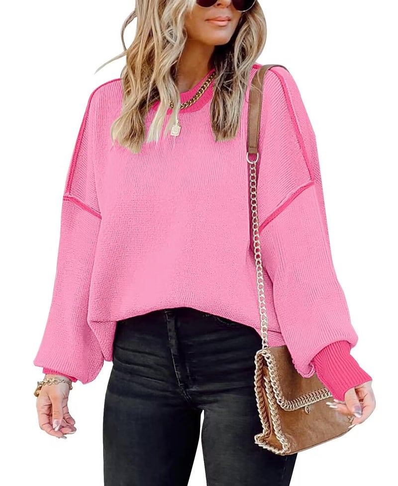 ETCYY Womens Oversized Sweaters Fall 2026 Fashion Clothes Trendy Batwing Sleeve Colorblock Striped Knit Pullover Tops,Dark Pink,Small - Image 1