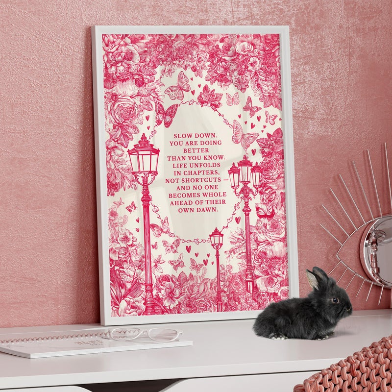 TNESSENTIAL Slow Down Inspirational Quote Wall Art Poster or Canvas Print, Pink Floral with Butterflies Vintage Aesthetic, Self Love and Healing Decor - Image 1