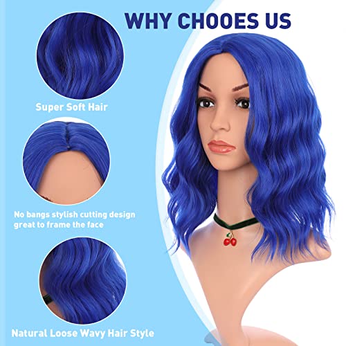 eNilecor Dark Blue Wig Short Colored Wigs Bob Wig for Women Natural Wavy Colorful 14 Inch Middle Part Synthetic Wig for Cosplay Party CostumeDark Blue - Image 3