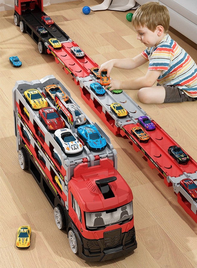 Haidue Race Car Track Toy Truck Toy with Slots & Foldable Race Tracks Transport Car Carrier Toy for Toddlers Cars Toy Set Container Truck Toy with 8 Alloy Cars Vehicles Toy Set for 3+ Kids Boys Girls - Image 2