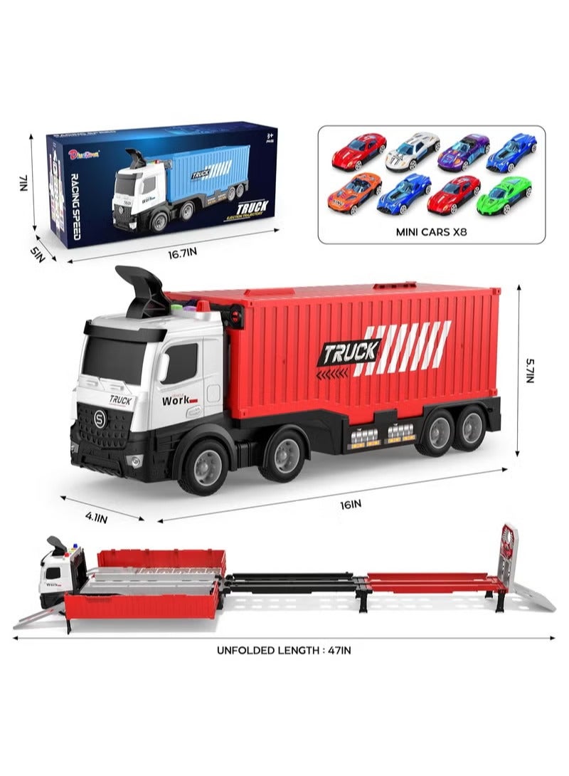 Haidue Race Car Track Toy Truck Toy with Slots & Foldable Race Tracks Transport Car Carrier Toy for Toddlers Cars Toy Set Container Truck Toy with 8 Alloy Cars Vehicles Toy Set for 3+ Kids Boys Girls - Image 3