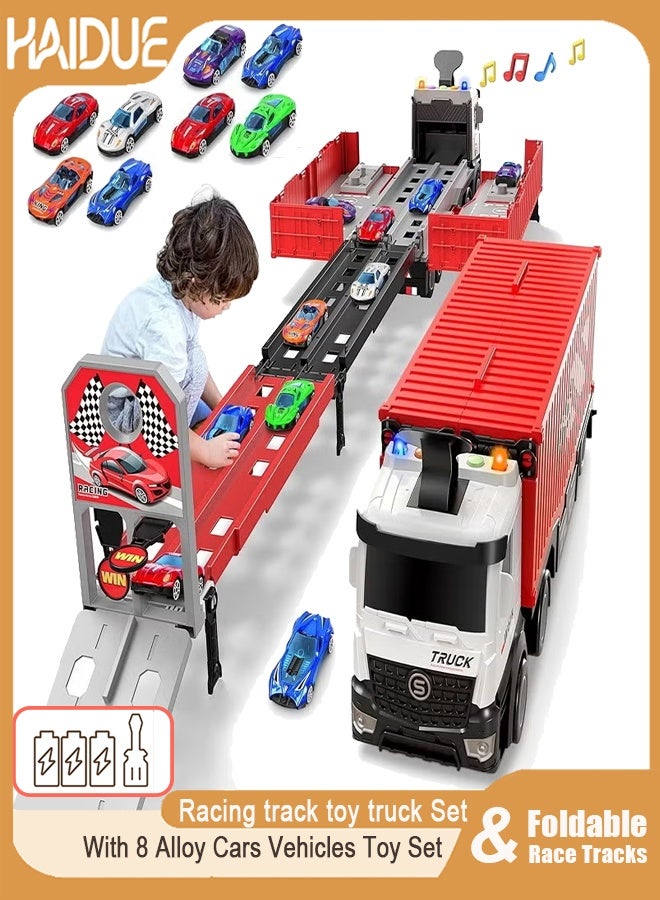 Haidue Race Car Track Toy Truck Toy with Slots & Foldable Race Tracks Transport Car Carrier Toy for Toddlers Cars Toy Set Container Truck Toy with 8 Alloy Cars Vehicles Toy Set for 3+ Kids Boys Girls - Image 1