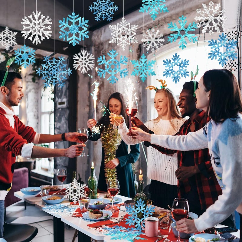klarako 90 Pcs Snowflake Cutouts Decorations, Winter Paper Snowflake Cutouts with Glue Stickers for Bulletin Board Christmas Party Home Class Office Decor Accessories(Silver, Blue) - Image 4