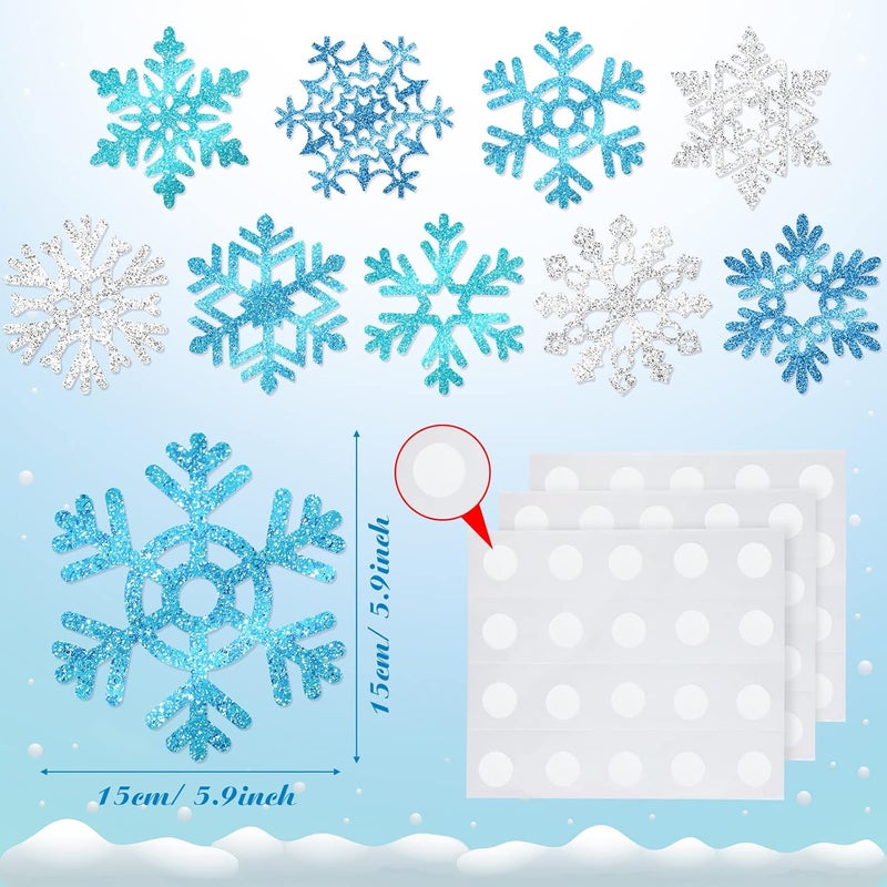 klarako 90 Pcs Snowflake Cutouts Decorations, Winter Paper Snowflake Cutouts with Glue Stickers for Bulletin Board Christmas Party Home Class Office Decor Accessories(Silver, Blue) - Image 2