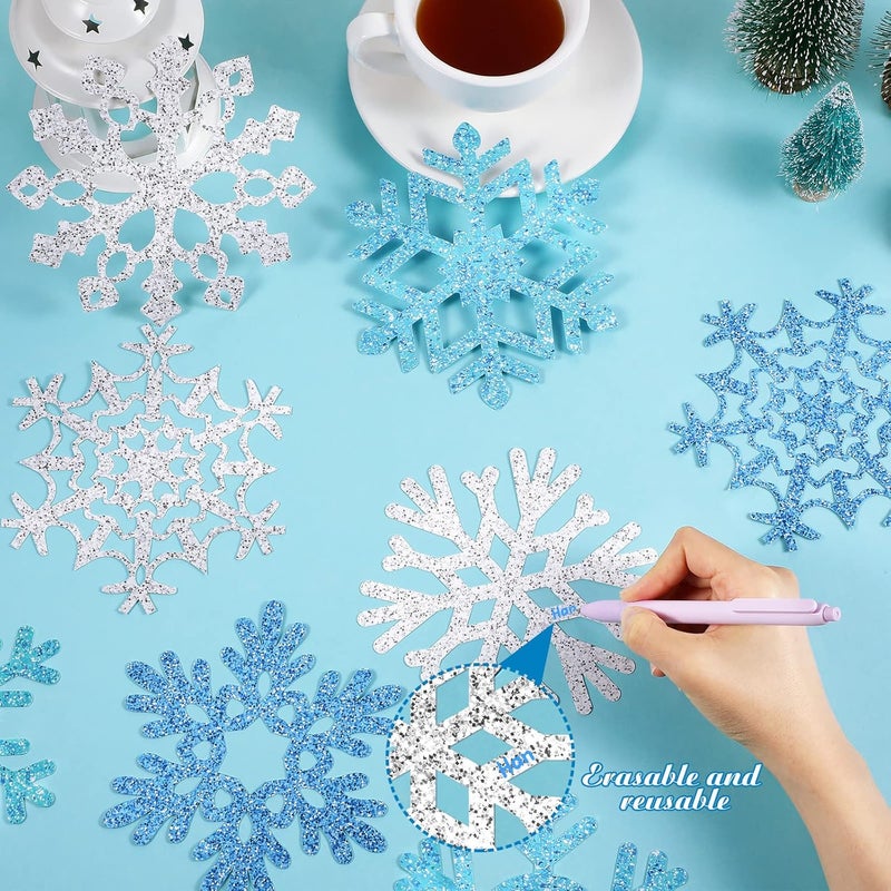 klarako 90 Pcs Snowflake Cutouts Decorations, Winter Paper Snowflake Cutouts with Glue Stickers for Bulletin Board Christmas Party Home Class Office Decor Accessories(Silver, Blue) - Image 3