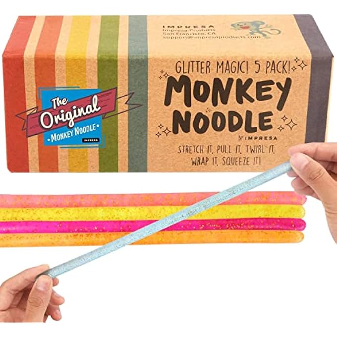 IMPRESA Glitter Sensory Noodle Strands - Monkey Noodle Fidget for Stress Relief & Focus - Sparkly Stretchy Strings & Latex-Free Sensory Balls - Medium, Multicolor, 5-Pack, Glitter Magic - Image 1