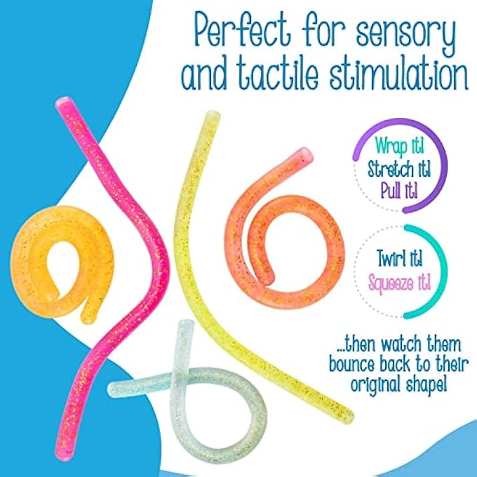 IMPRESA Glitter Sensory Noodle Strands - Monkey Noodle Fidget for Stress Relief & Focus - Sparkly Stretchy Strings & Latex-Free Sensory Balls - Medium, Multicolor, 5-Pack, Glitter Magic - Image 3