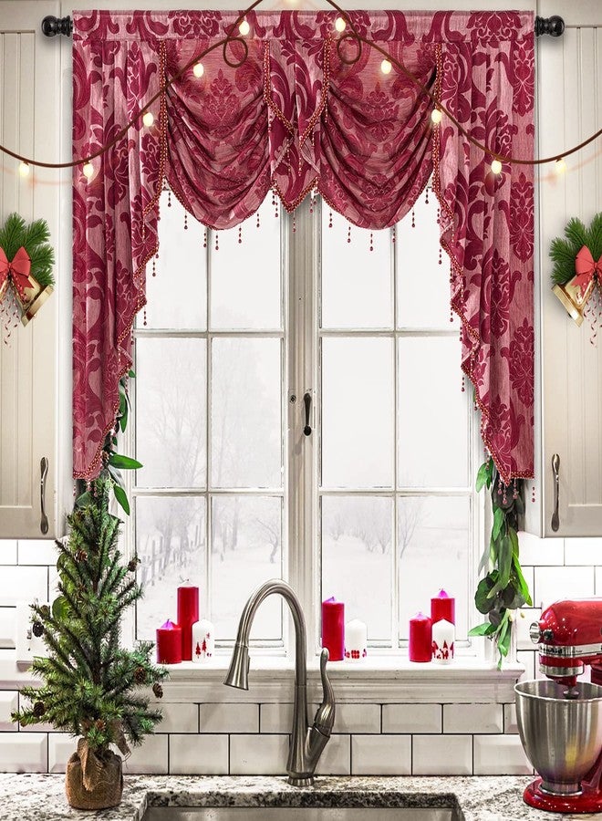 NAPEARL Red Valance for Windows-Christmas Decoration Swag Curtains for Living Room, Damask Waterfall Valance Curtains with Beads for Bedroom, 61-Inch Wide - Image 1